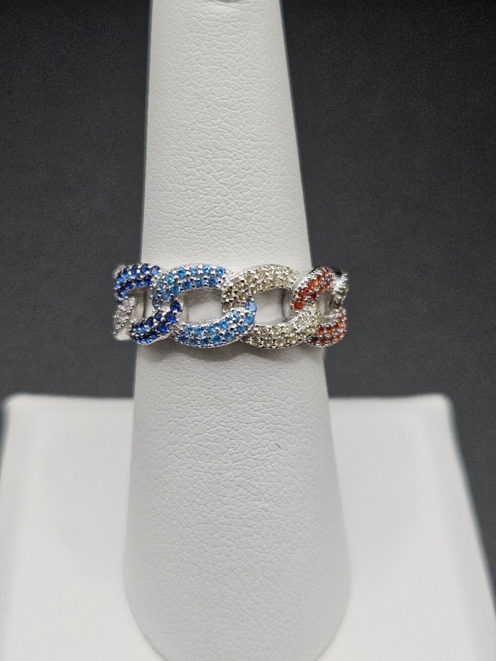 925 sterling silver tri color moissanite cuban link band ring size 7 5.2g